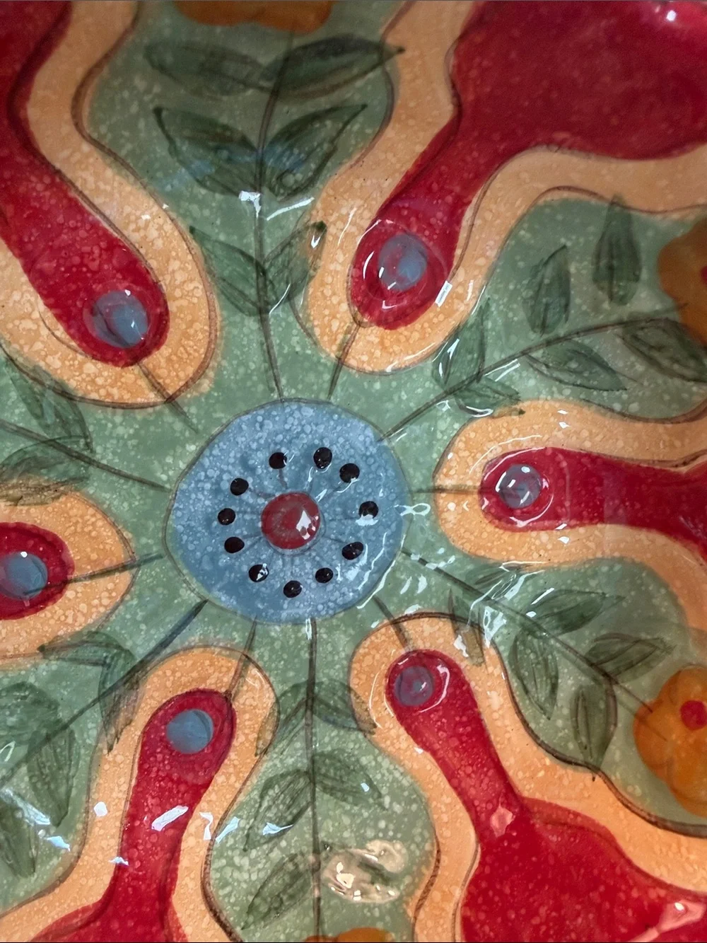 Pier 1 Imports Carynthum 10” floral serving bowl. Green, red, blue.